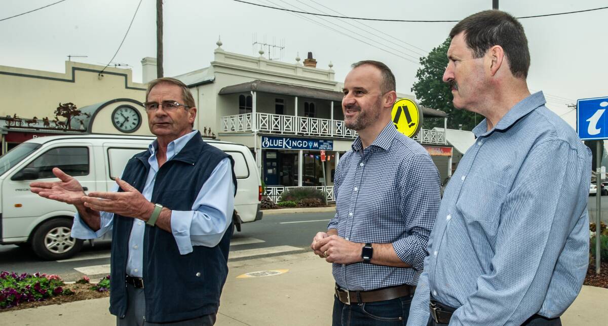 Queanbeyan-Palerang Mayor Tim Overall, ACT Chief Minister Andrew Barr and Federal Member for Eden-Monaro Mike Kelly in Braidwood last month announcing that Icon Water would supply Braidwood with water. Picture: Karleen Minney