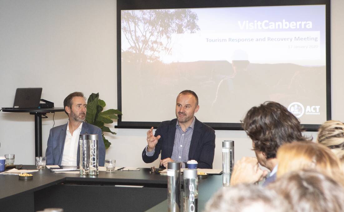 Chief Minister Andrew Barr and VisitCanberra director Jonathan Kobus met with business and tourism leaders on Friday. Picture: Jamila Toderas