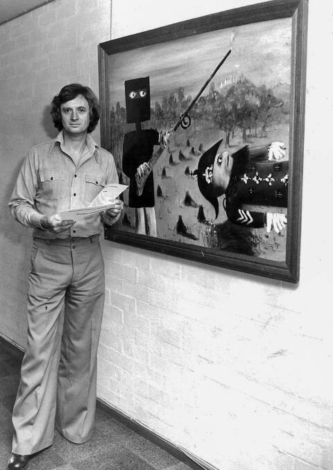 James Mollison with Sidney Nolan's Death of Sergeant Kennedy at Stringybark Creek on January 7, 1975. Picture: The Canberra Times 