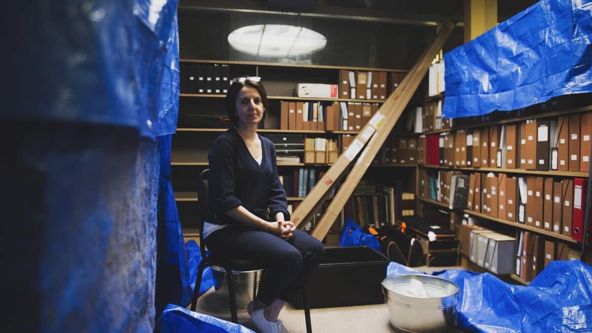 Australian Academy of Science CEO Anna-Maria Arabia in the library at the Shine Dome, which was damaged during the hailstorm on Monday. Picture: Dion Georgopoulos
