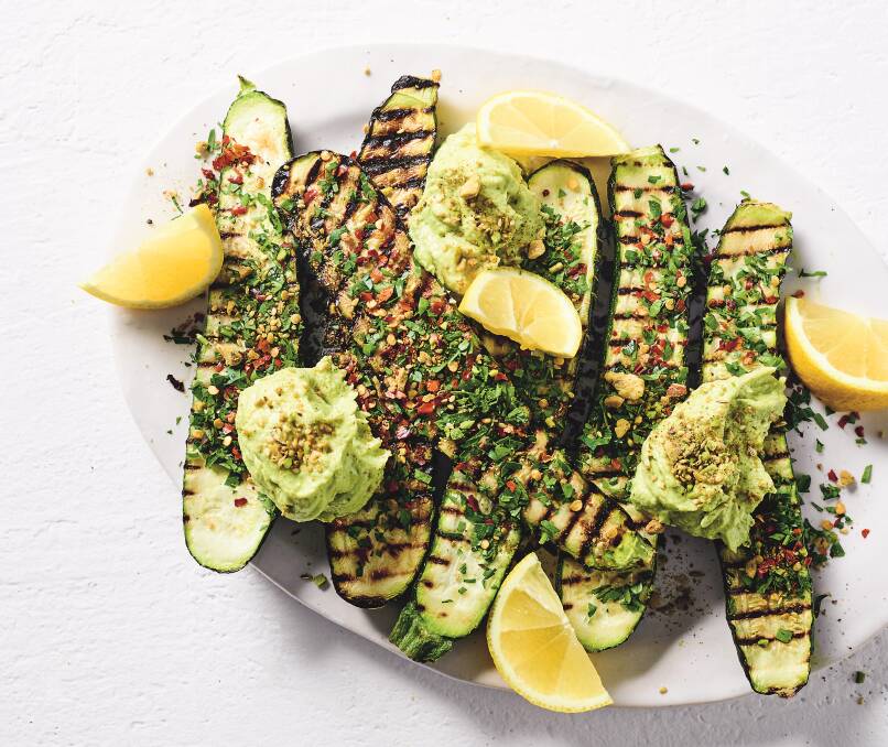 Chargrilled zucchini with avocado hummus. Picture: Mark Roper