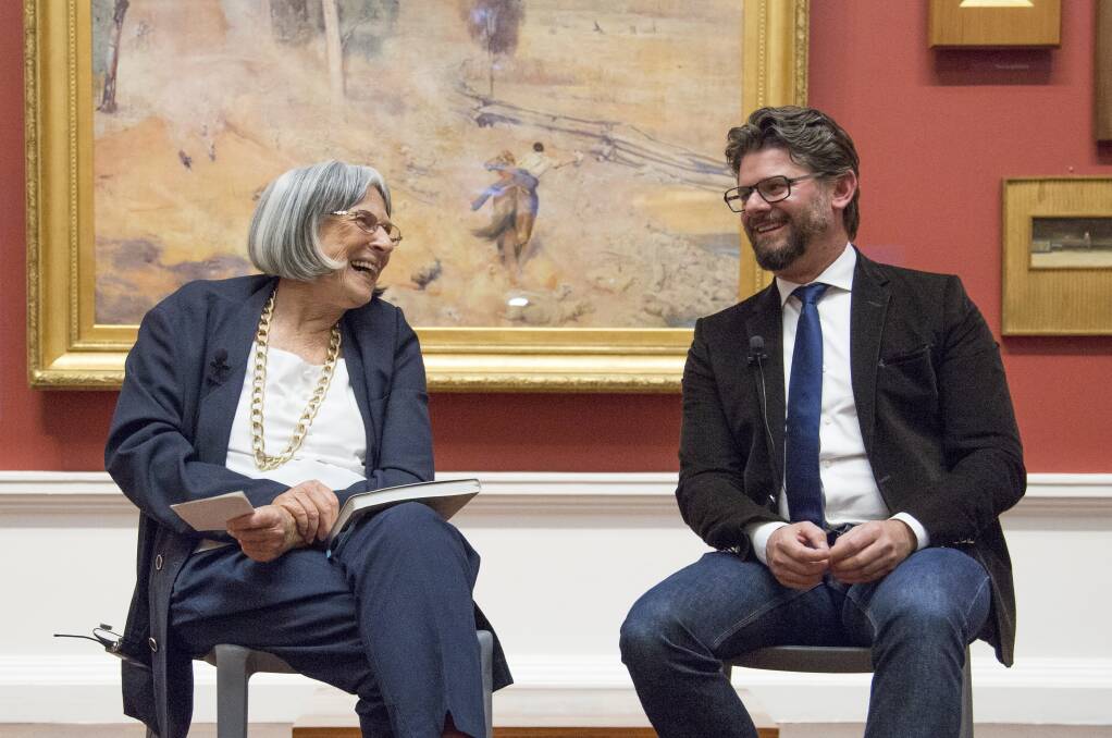 Former director of the National Gallery of Australia Betty Churcher with future director Nick Mitzevich at the gallery in 2014. Picture: Supplied