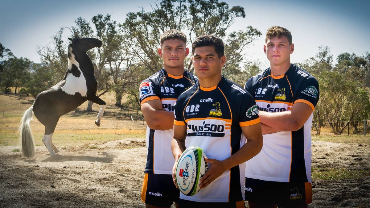 Brumbies youngsters Reesjan Pasitoa, Noah Lolesio and Bayley Kuenzle were vying for the No. 10 jumper this year. Picture: Elesa Kurtz