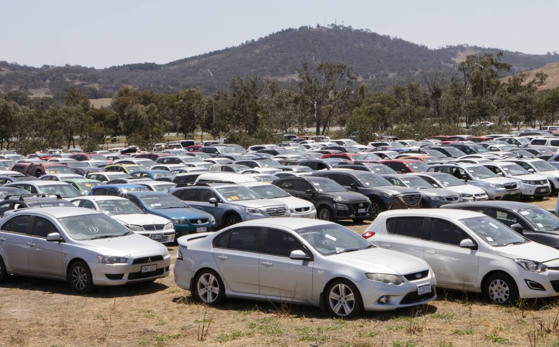 Thousands of hail-damaged cars in Canberra. Picture: Jamila Toderas