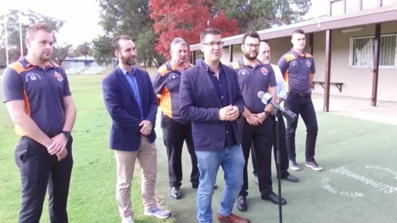 Zed Seselja announcing the community sport grant for the Molonglo Juggernauts Australian Rules Football Club during the 2019 election campaign. Picture: Facebook