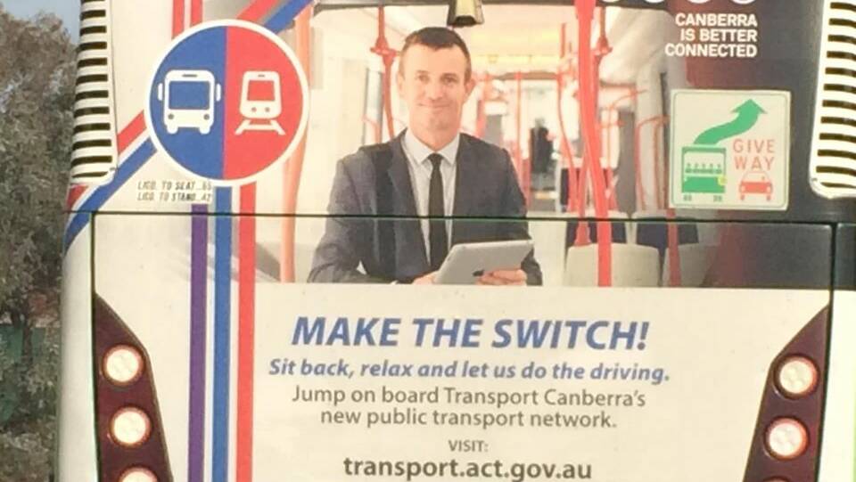 Convicted fraudster Kristian James Mynott, pictured in advertising on a Canberra bus. Picture: Facebook