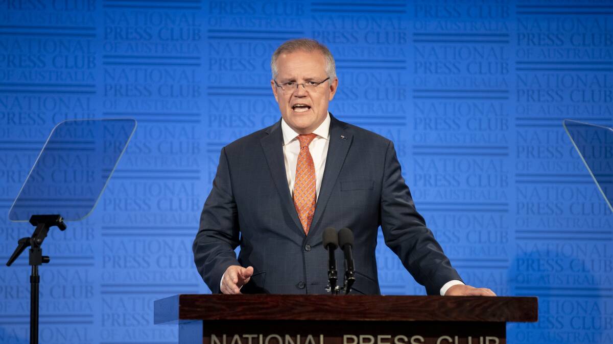 Prime Minister Scott Morrison stood by Bridget McKenzie at the National Press Club. Picture: Sitthixay Ditthavong