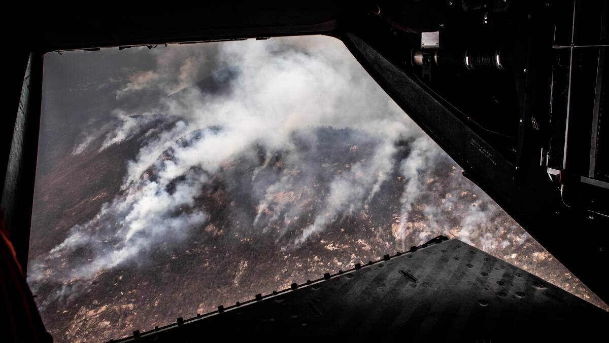 An aerial closeup of a section of the firefront of the Orroral Valley fire in Namadgi National Park. Picture: Karleen Minney