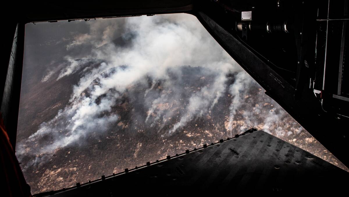 An aerial closeup of a section of the fire front of the Orroral Valley fire in Namadgi National Park on Wednesday, January 29. Picture: Karleen Minney