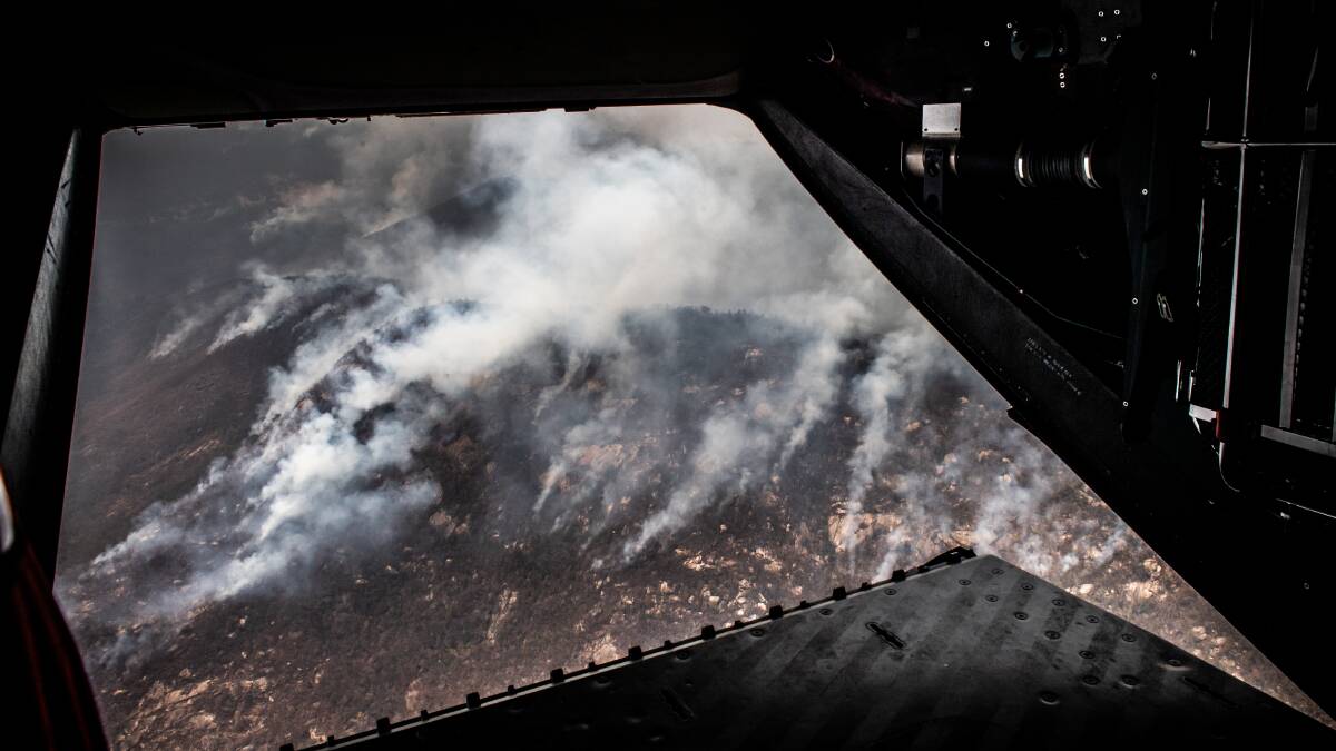 An aerial closeup of a section of the fire front of the Orroral Valley fire in Namadgi National Park. Picture: Karleen Minney