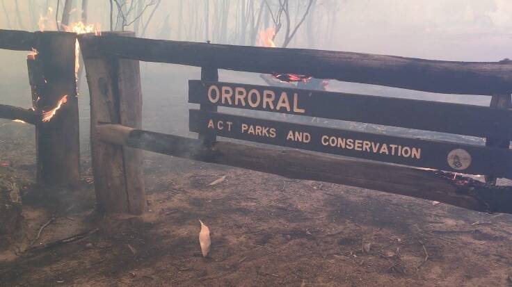 Flames lick around the entrance to the Orroral Valley. Picture: Environment, Planning and Sustainable Development