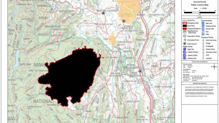 A map of fir affected areas in the Namadgi National Park as of 4pm on January 29. Picture: ACT Emergency Services Agency