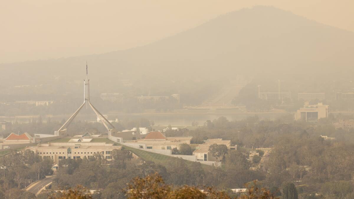 Smoke from the bushfire in Namadgi National Park covers Canberra during January. Picture: Sitthixay Ditthavong
