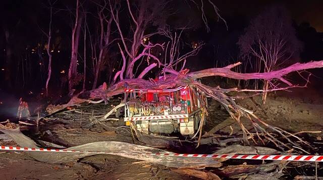Two trees fell onto a Jerrabomberra Creek Rural Fire Service truck while it was responding to the Orroral Valley fire. Picture: Supplied
