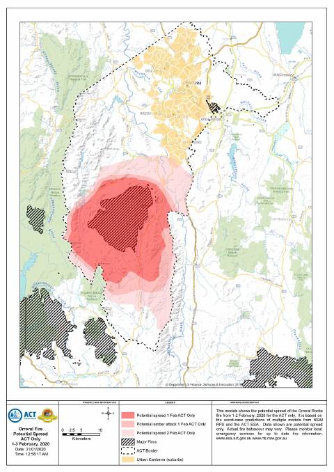 A fire prediction map for the ACT, dated January 31, showing the potential spread of the Orroral Valley fire for February 1 and 2 that stopped at the ACT border. Picture: ACT Emergency Services Agency