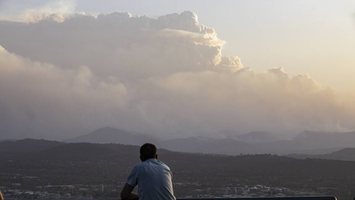A pyrocumulonimbus cloud forms over the bushfire in Namadgi National Park on Friday evening as the ACT is placed under a state of alert. Picture: Sitthixay Ditthavong
