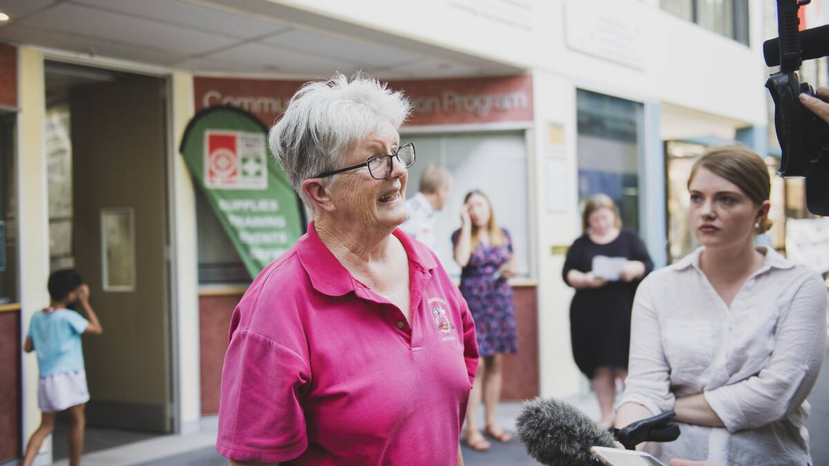 Gordon resident Barbara Biela arrives at the Erindale evacuation centre, at Erindale College. Picture: Dion Georgopoulos