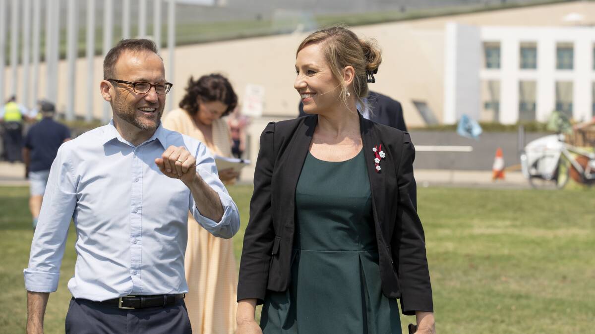 Adam Bandt and Larissa Waters outside Parliament House after Bandt secured the Greens leadership. Picture: Sitthixay Ditthavong
