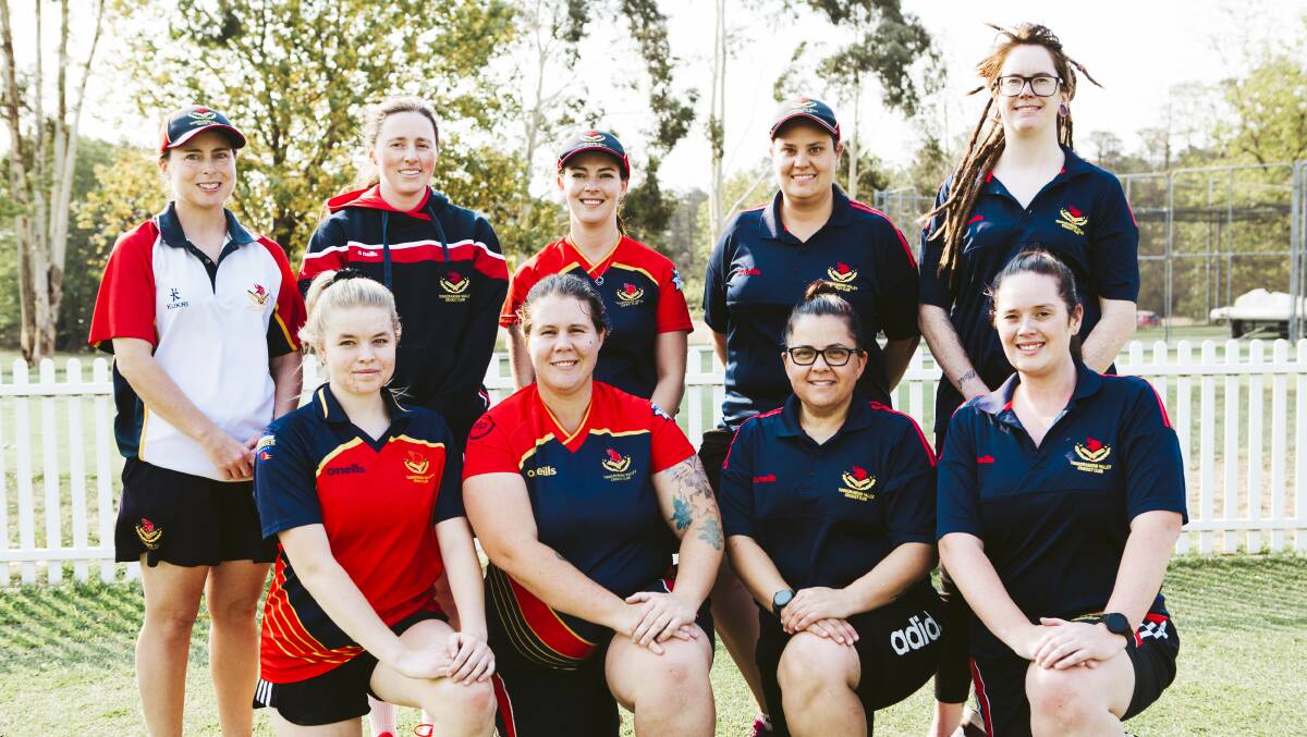 Tugeranong Valley cricket club members, behind from left, Catherine Chippendale, Victoria King, Bek Gordon, Chloe Nash-Shannon, and Annie Toole.
Front from left, Meg Woodberry, Jamie Kneebone, Diana Ciuffetelli, and Kirsty Reaks. Picture: Jamila Toderas