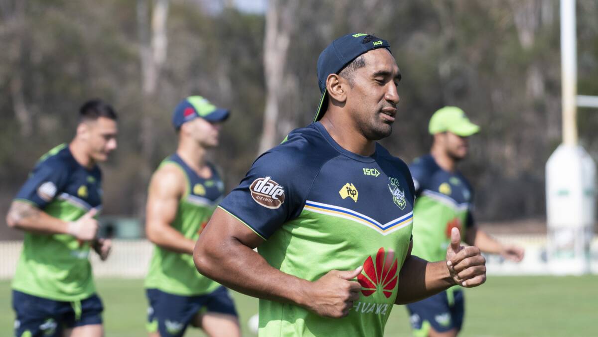 Sia Soliola training with the Raiders in February. Picture: Dion Georgopoulos