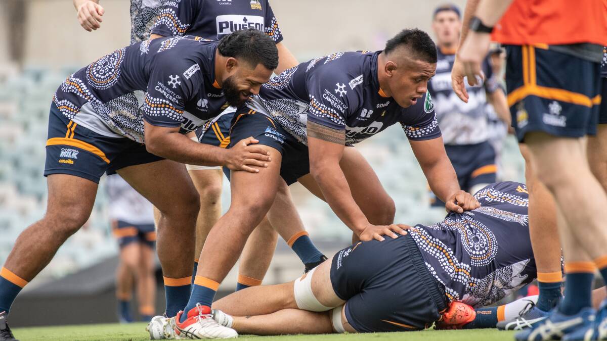 Brumbies captains run 6th February, 2020.
Scott Sio (left) and Captain Allan Alalaatoa.
Picture: Karleen Minney, The Canberra Times.