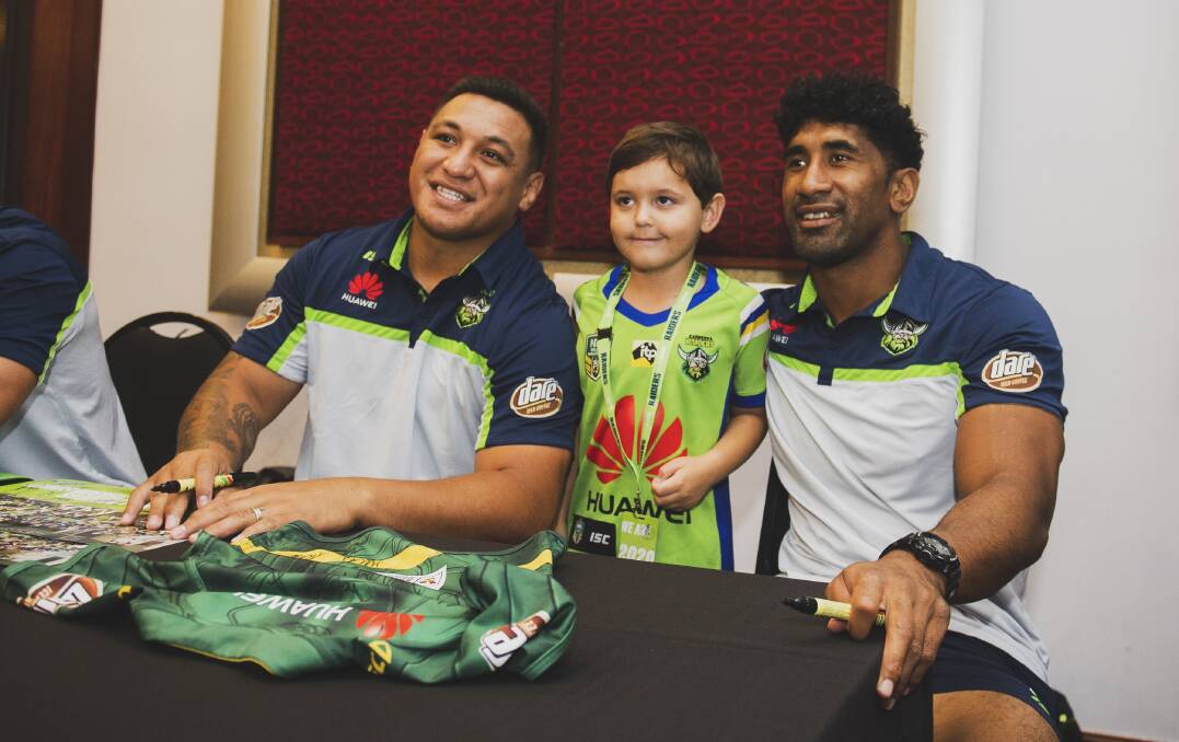 Josh Papalii and Sia Soliola pose for a photo at the Raiders fan day at Raiders Belconnen. Picture: Dion Georgopoulos