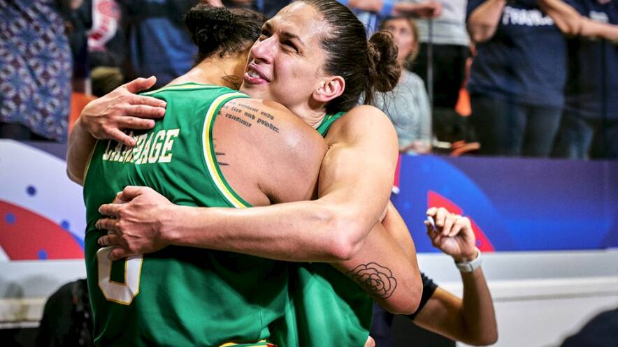 Australian Opals Marianna Tolo and and Liz Cambage celebrate qualifying for Tokyo.