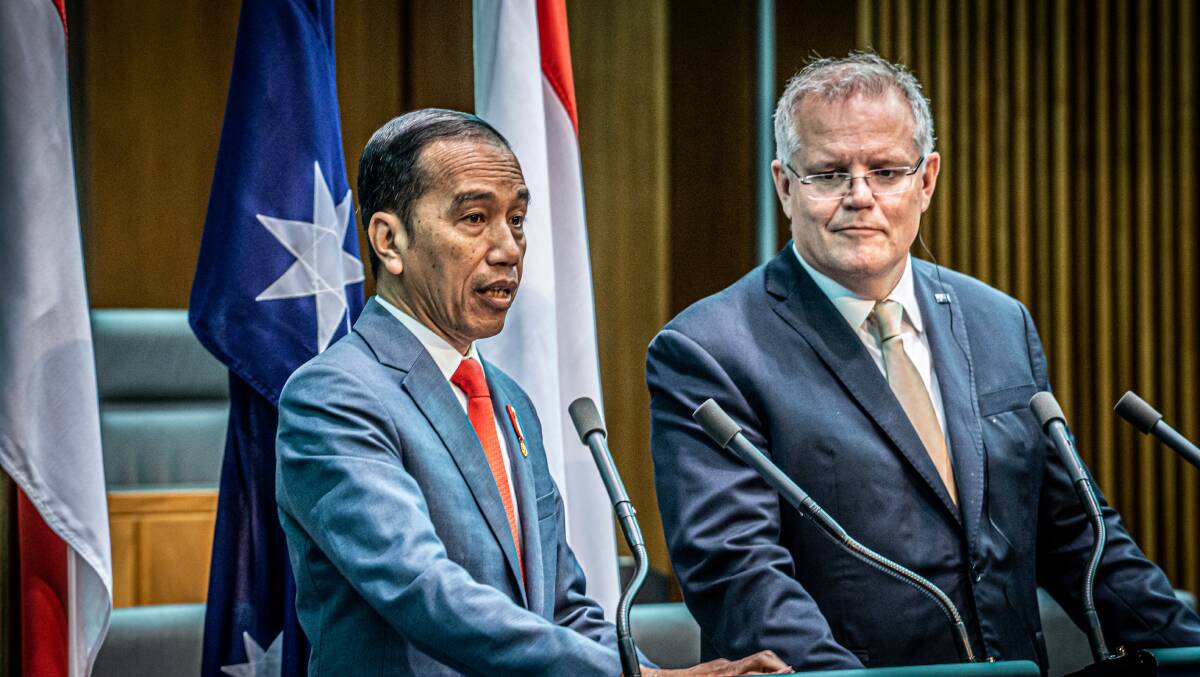 Indonesian President Joko Widodo with Prime Minister Scott Morrison at Parliament House on Monday. Picture: Karleen Minney