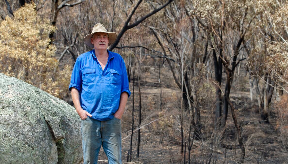 Steve Angus on his property off Naas Road that was surrounded by bushfire. Picture: Elesa Kurtz