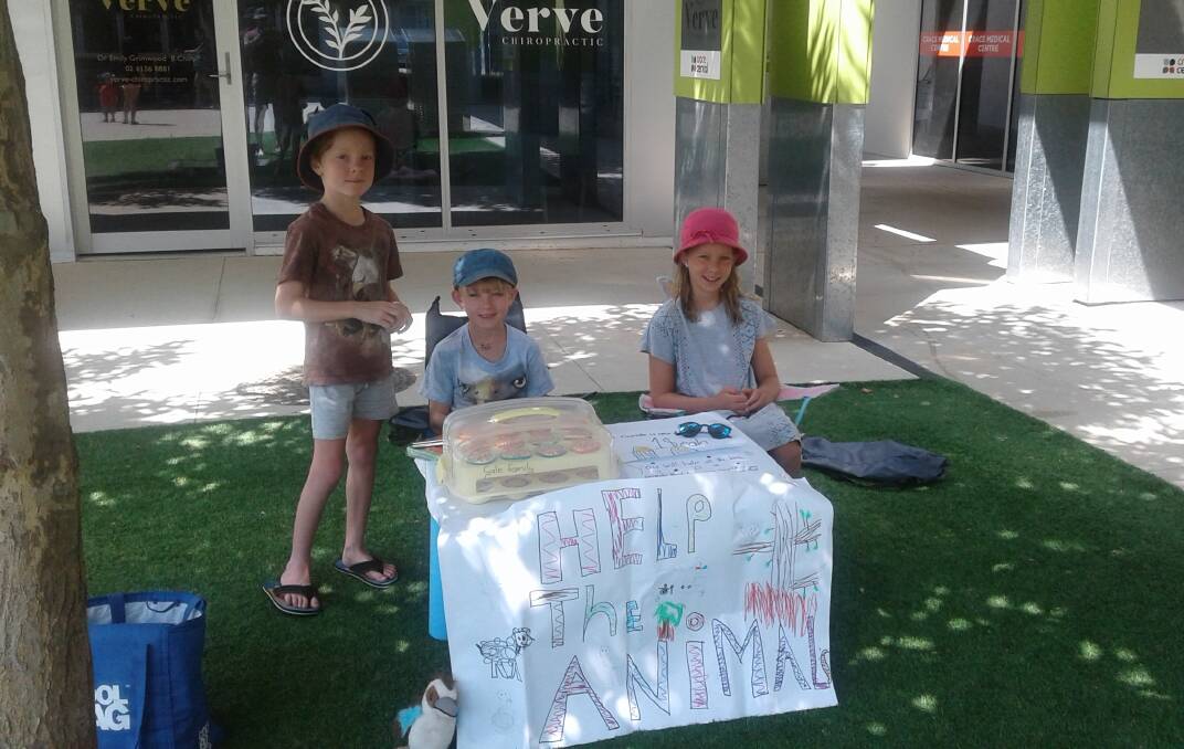 Madison Gale, 9, of Nicholls, with twin brothers Thomas and Oliver, selling cupcakes for ACT Wildlife at the Crace shops.