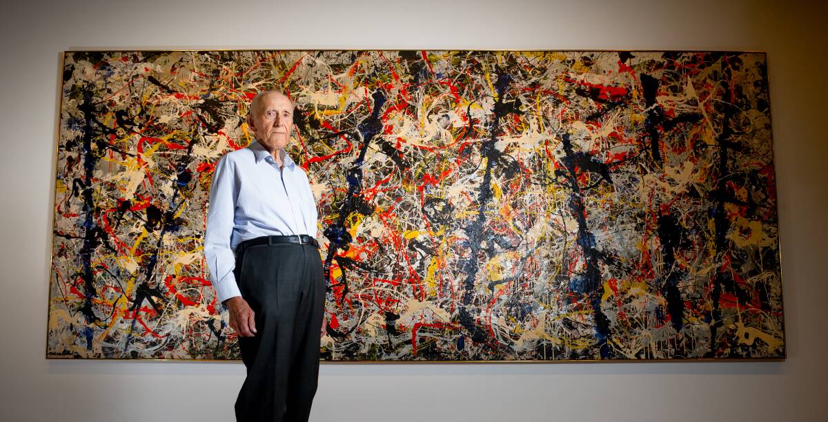 Ted Crossing, 99, with Jackson Pollock's Blue Poles at the National Gallery of Australia. Picture: Elesa Kurtz
