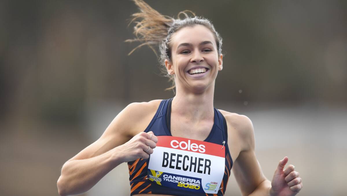 Jacinta Beecher wins the 200 metre sprint at the Canberra Track Classic. Picture: Athletics ACT