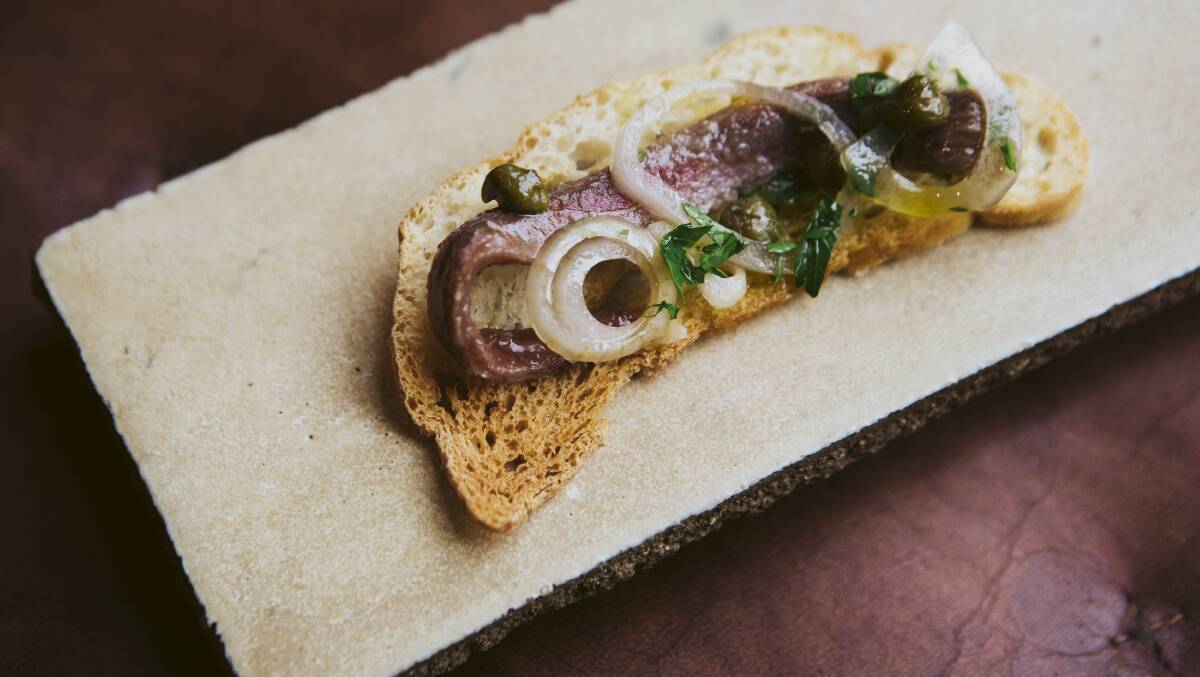Ortiz anchovy, pickled eschallots, and parsley. Picture: Jamila Toderas