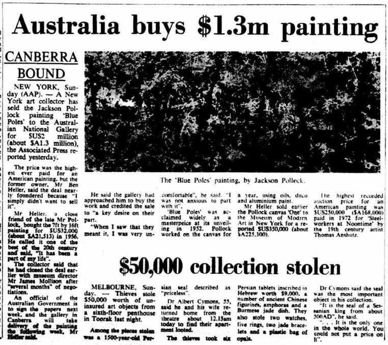 How The Canberra Times reported the purchase of Blue Poles on the front page on September 24, 1973. Picture: The Canberra Times
