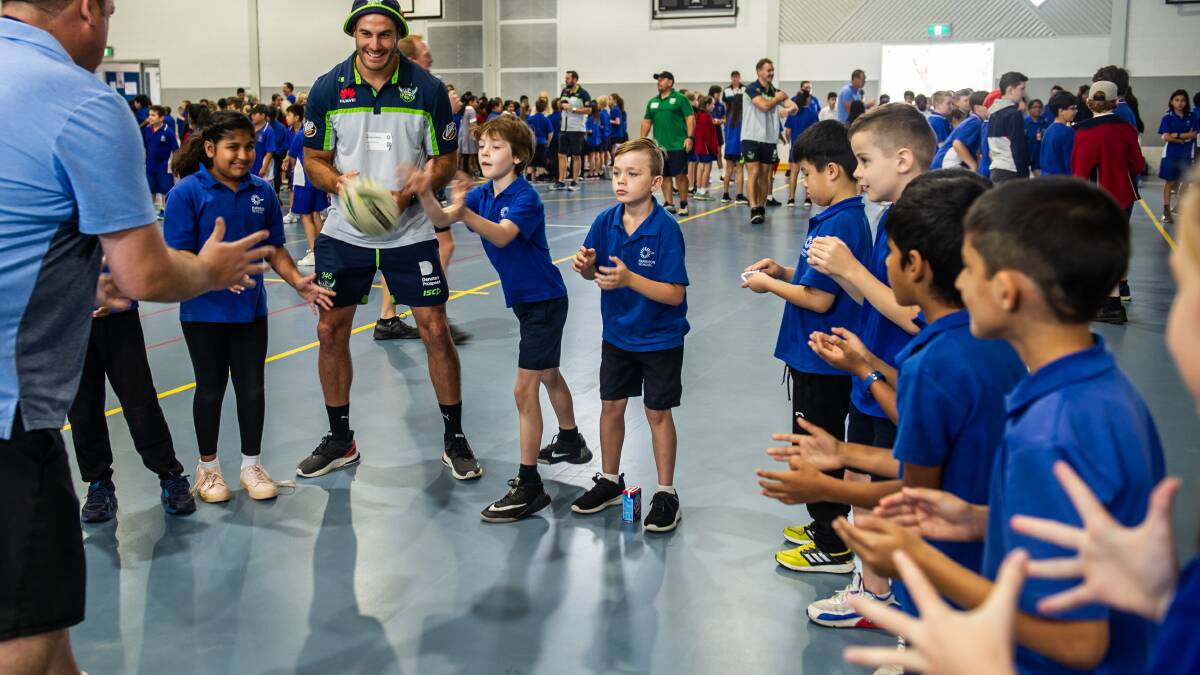The Canberra Raiders spend Monday morning across schools in Canberra as part of their annual Canberra Raiders Community Blitz. PIcture: Karleen Minney, THE CANBERRA TIMES, ACM.