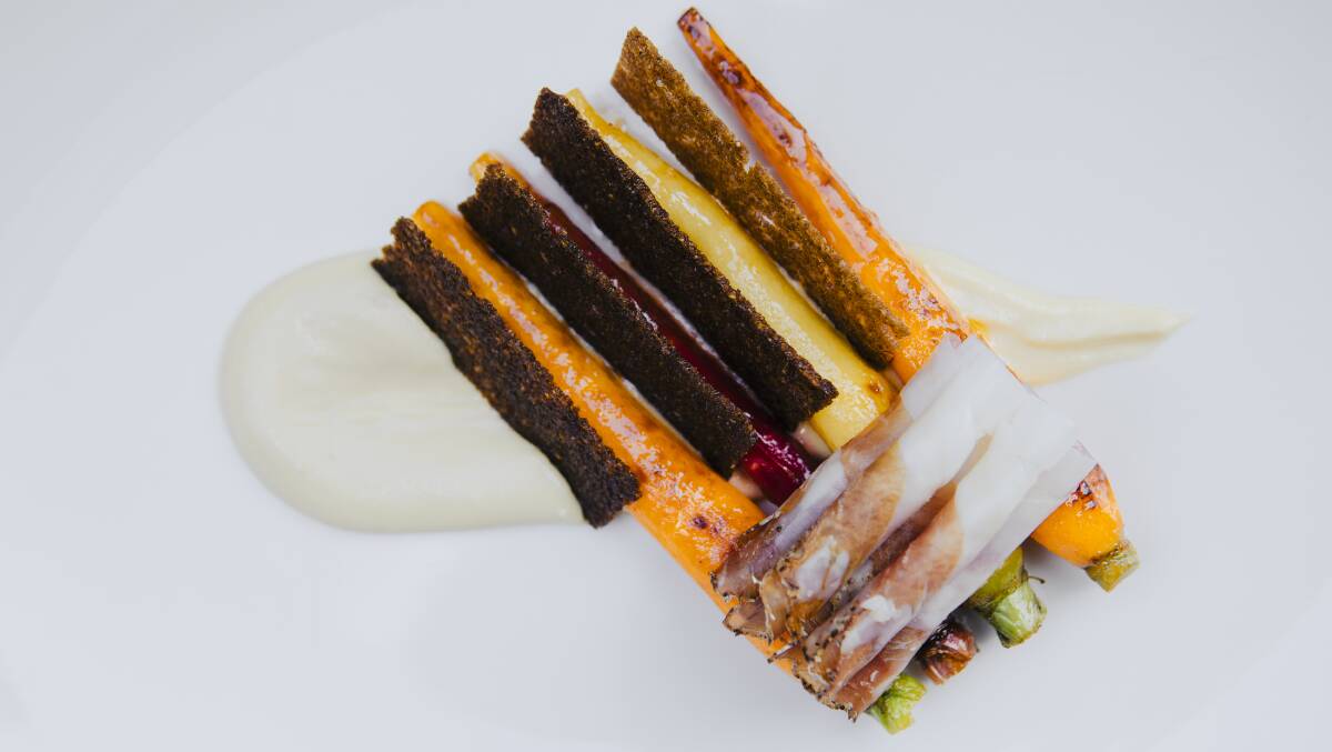 Roasted Heirloom carrots, citrus, Mr Cannubi Noix de Jambon, ajo bianco and rye. Picture: Jamila Toderas 
