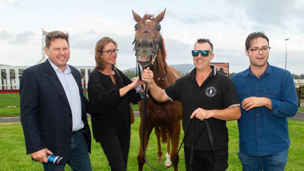 Owners Mike Everett and Susie Woodcock with winning horse Cinquedea and trainer, Will Freedman (right). Picture: Elesa Kurtz