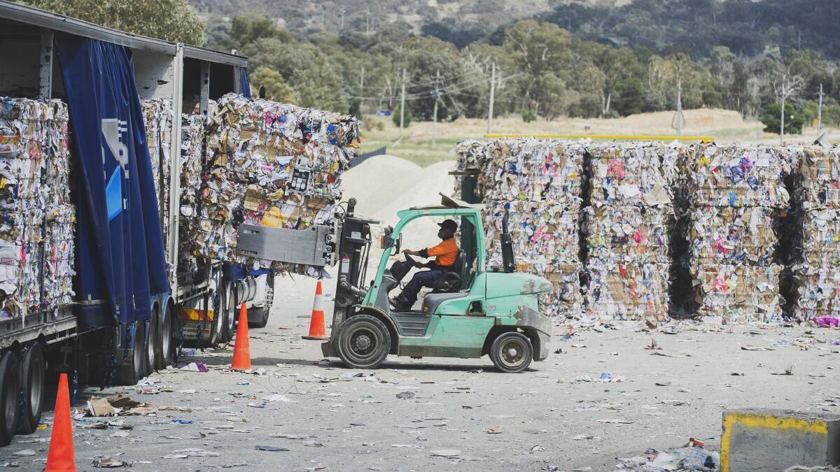 Mugga Resource Management Centre has faced a backlog of recycling following a slow down in production at Tumut due to bushfires. Picture: Dion Georgopoulos 