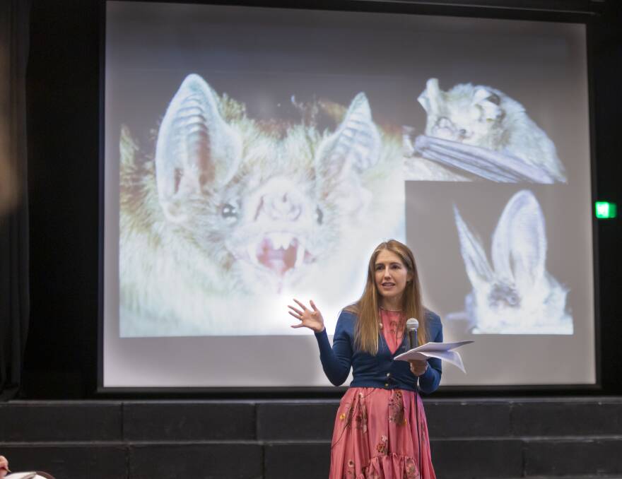 Artist Patricia Piccinini speaks to students at Narrabundah College on Monday. She has been commissioned to produce Skywhalepapa - a follow-up to the famous sky whale balloon. Picture: Ashraf Alreshan