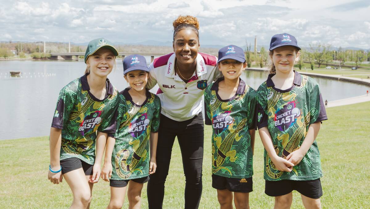 Kate Lussick (11), Lily Lussick (7), West Indies player Hayley Matthews, Rebekah Layland (8), and Evelyn Wright (8) in Canberra. Picture: Jamila Toderas