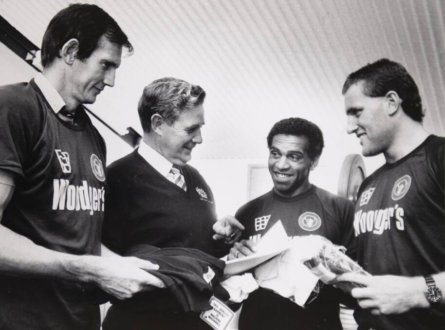 Don Furner snr during his days as Raiders coach with Wayne Bennett, John 'Chicka' Ferguson and Brent Todd. Picture: The Canberra Times