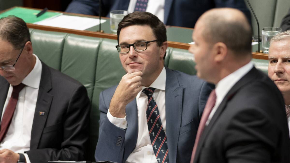 Agriculture Minister David Littleproud listens to treasurer Josh Frydenberg during question time on February 26. Picture: Sitthixay Ditthavong