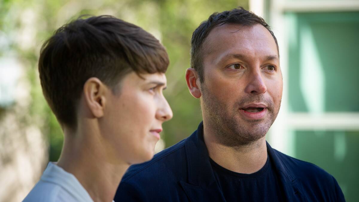 Equality Australia CEO, Anna Brown with former Olympian Ian Thorpe, travelled to Canberra to lobby against the religious discrimination bill. Picture: Elesa Kurtz 