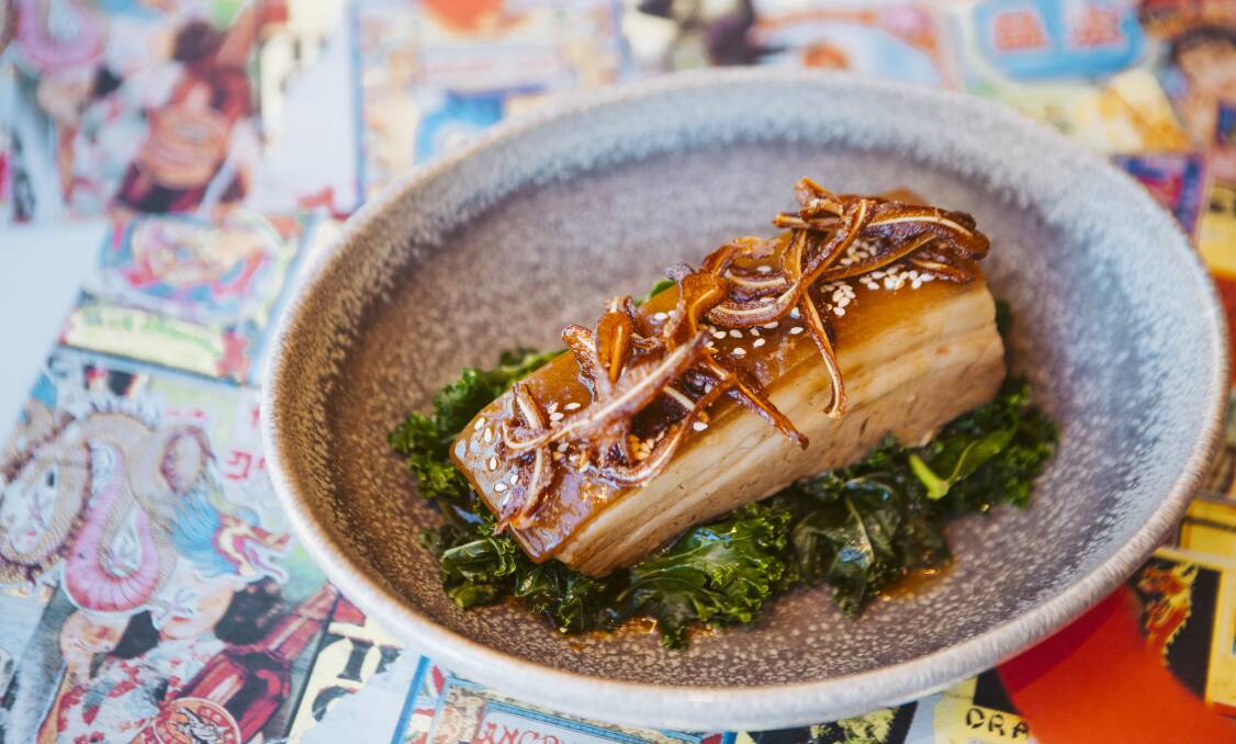 Soy braised pork belly with wilted greens. Picture: Jamila Toderas