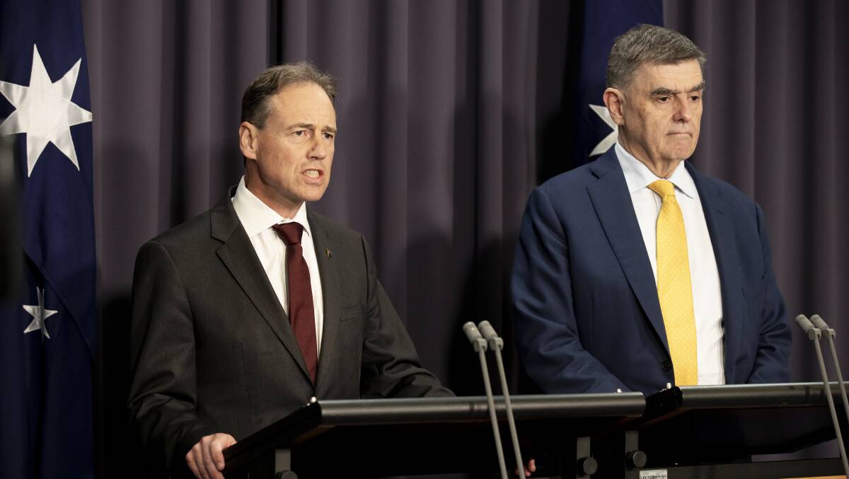 Health Minister Greg Hunt and Health Department head Professor Brendan Murphy. Picture: Sitthixay Ditthavong