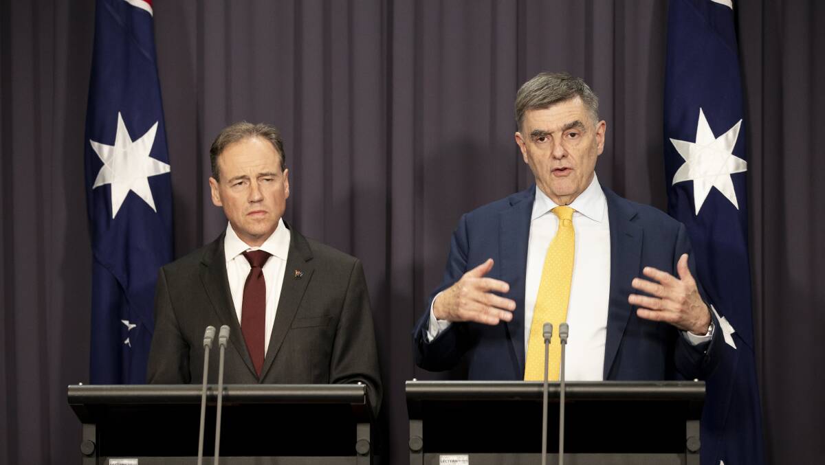 Health minister Greg Hunt and chief medical officer Professor Brendan Murphy deliver an update on the coronavirus on Monday. Picture: Sitthixay Ditthavong