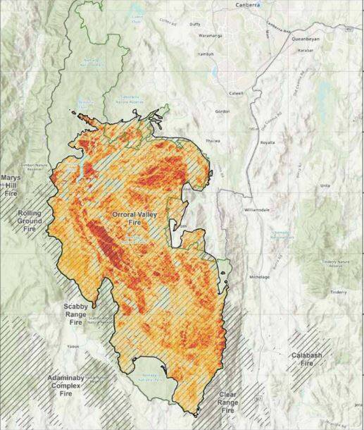 A map of Orroral Valley fire damage. The areas shaded in dark orange were the most severely affected by the fire. Picture: ACT government 