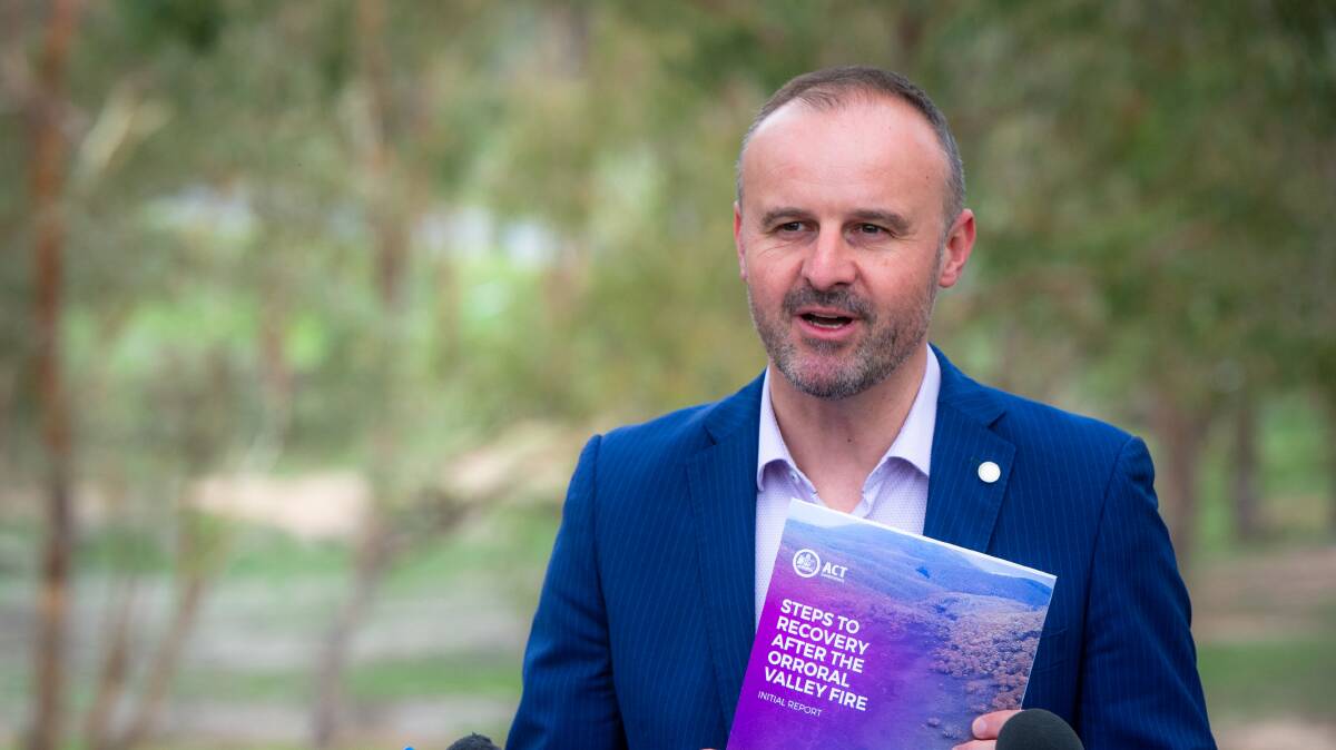 Chief Minister, Andrew Barr, at the launch of Steps to recovery after the Orroral Valley fire. Picture: Elesa Kurtz.