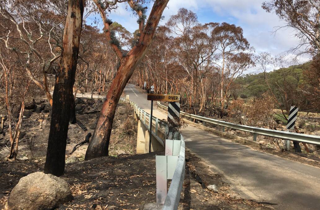 The scorched Gudgenby River crossing, where safety infrastructure needs to be replaced before visitor traffic can enter. Picture: Peter Brewer