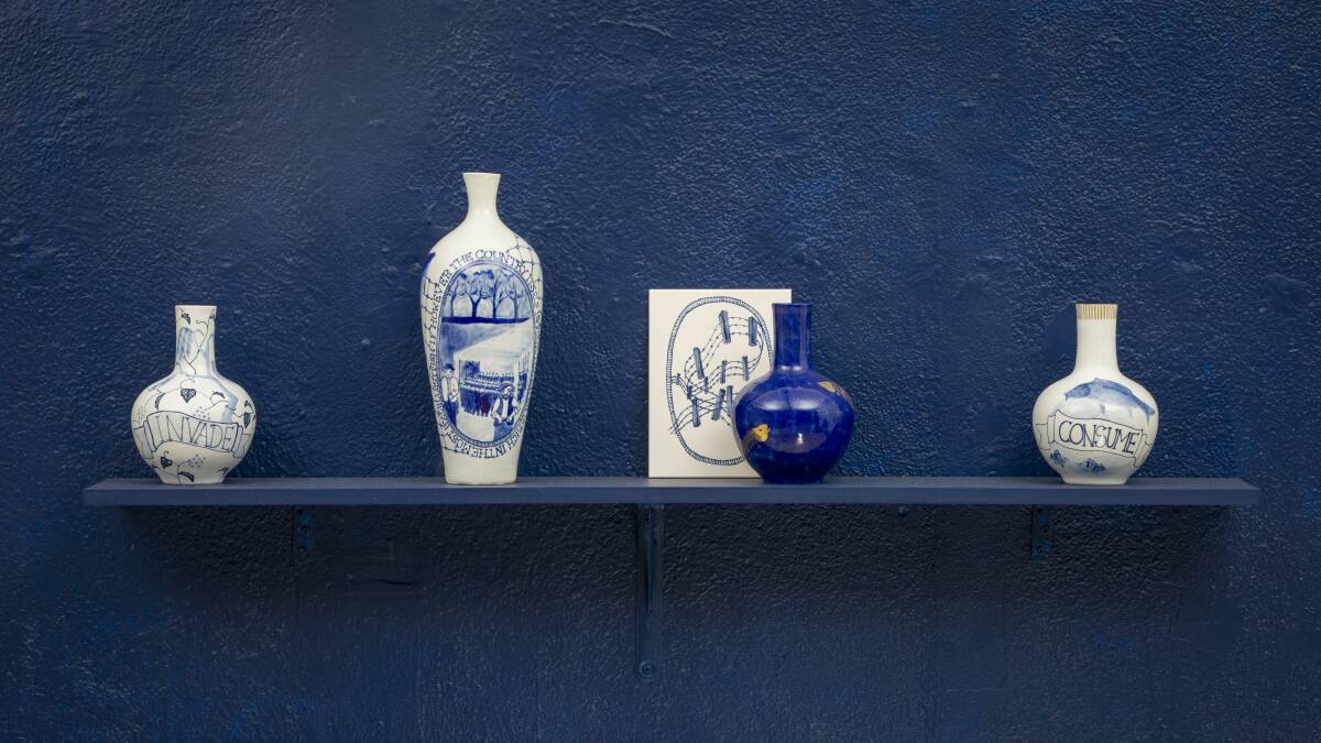 Henrietta Farrelly-Barnett, Various pieces from series (2019) ceramic with cobalt, china paint and gold lustre in Emerging Contemporaries. Picture: Henrietta Farrelly-Barnett